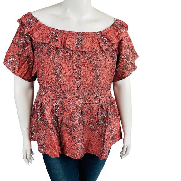 New Maurices Womans Sz 4X Plus Texas Rose Medallion Smocked Off The Shoulder NWT - Picture 1 of 7